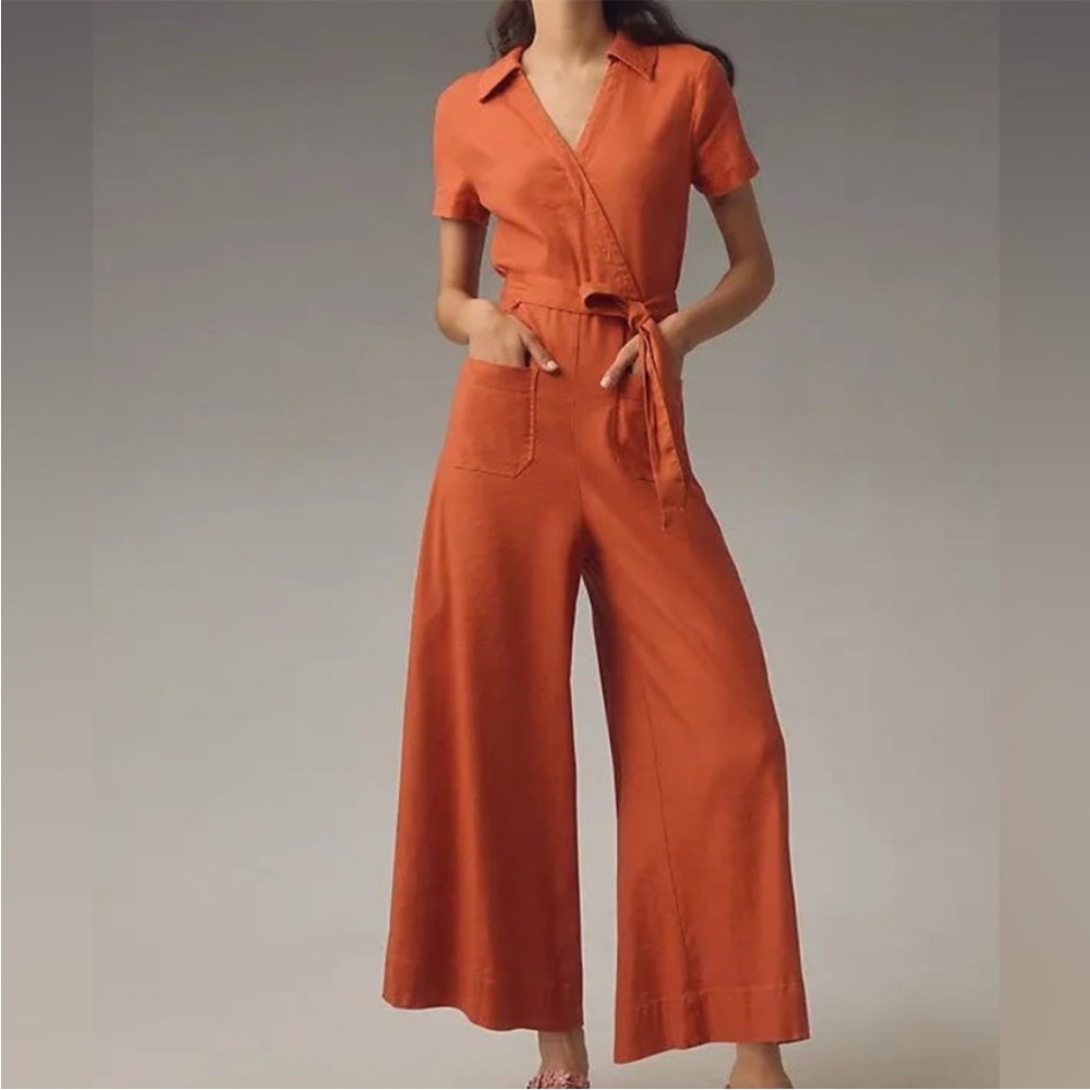Anthropologie Maeve The Colette Wrap Jumpsuit Linen Blend Burnt Orange